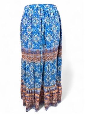 Christine Blue Boho Tiered Maxi Skirt Size Large Festival Cottagecore Rayon